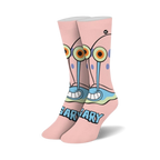 Pair of pink crew socks featuring Spongebob's pet snail, Gary.  Gary's face is prominently displayed with his signature eyes and shell.