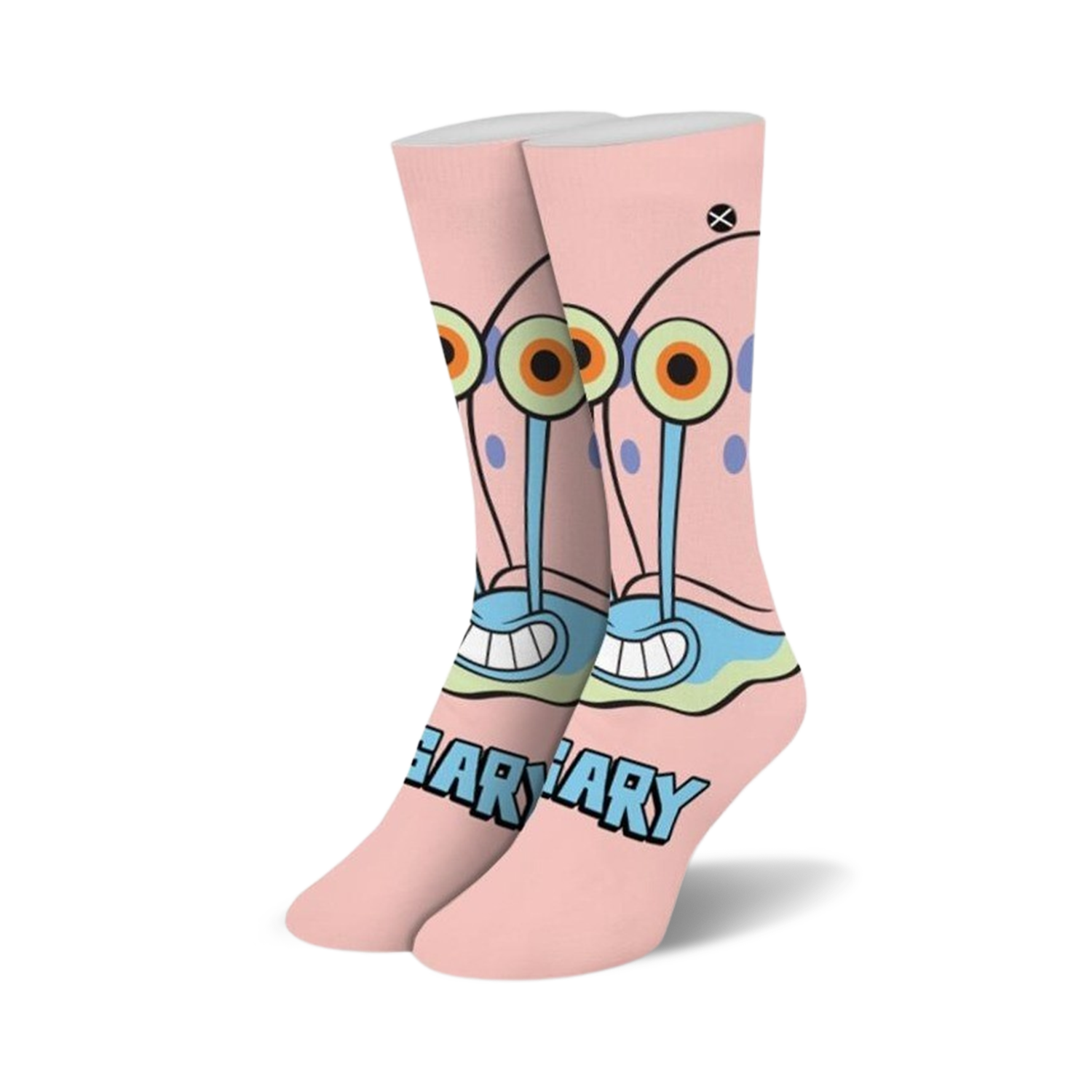 Pair of pink crew socks featuring Spongebob's pet snail, Gary.  Gary's face is prominently displayed with his signature eyes and shell.