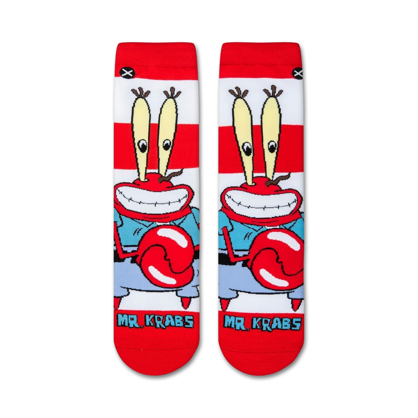 Flat lay showcasing the Spongebob Squarepants Mr. Krabs socks, highlighting the design details.