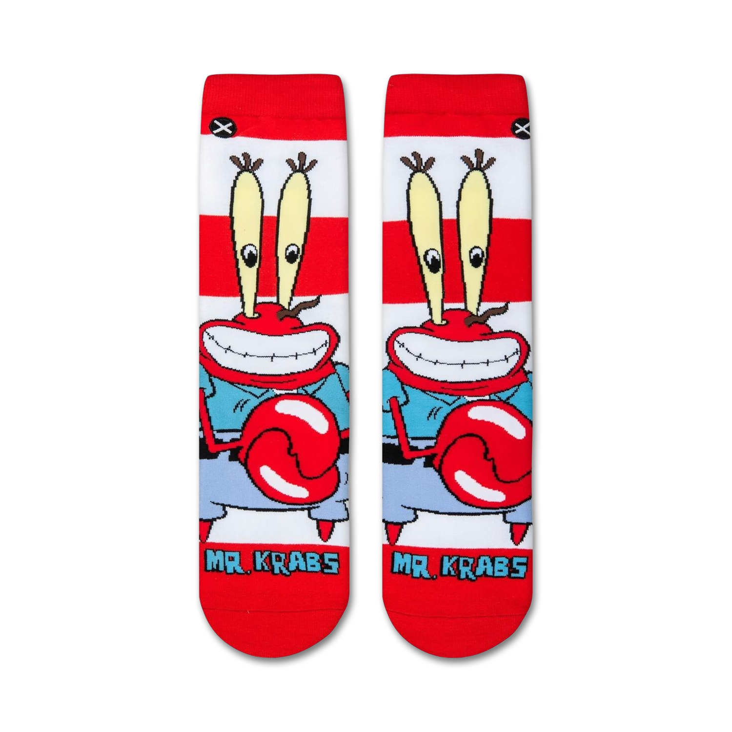 Flat lay showcasing the Spongebob Squarepants Mr. Krabs socks, highlighting the design details.