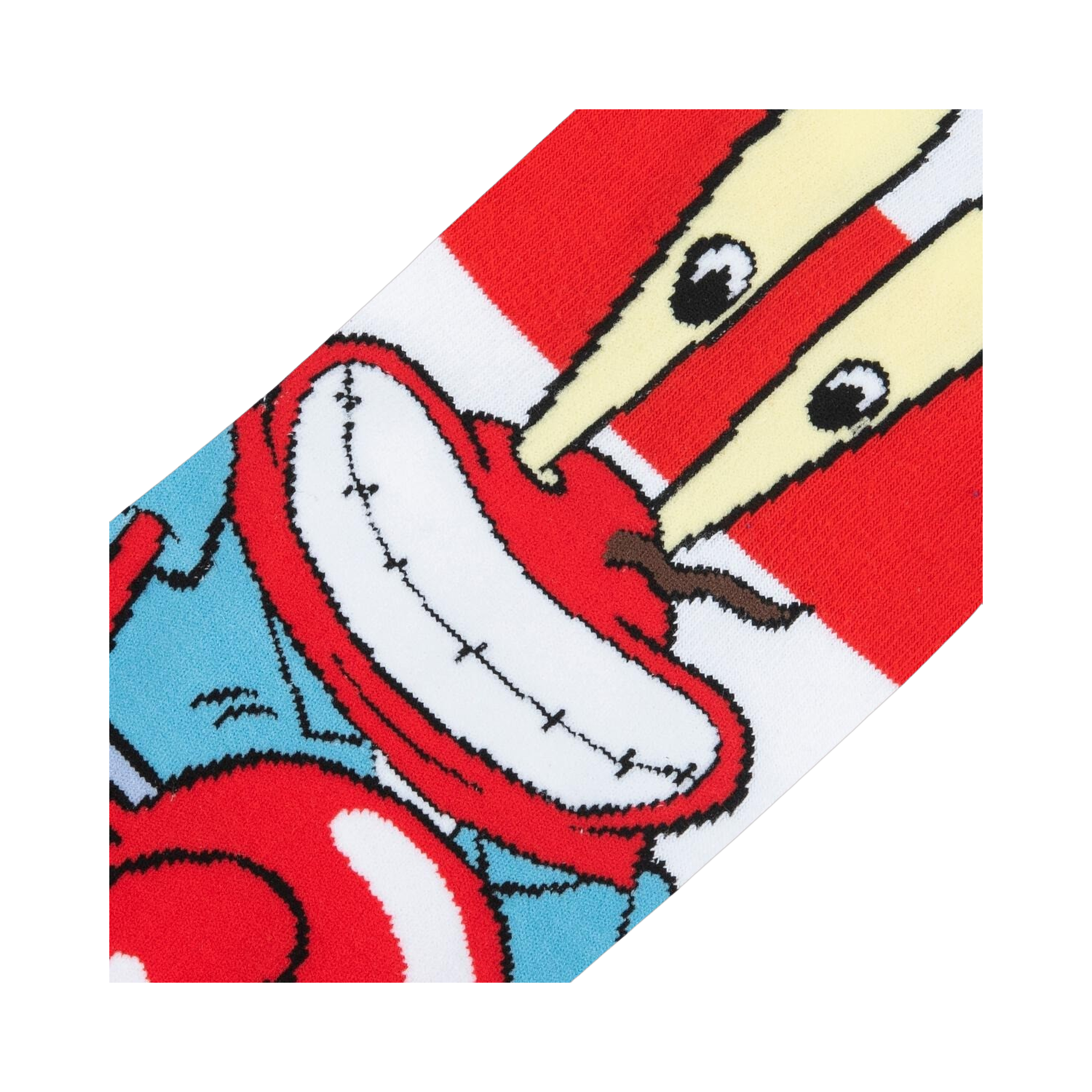 Close-up detail shot of Mr. Krabs' face on the sock, showing the intricate design.