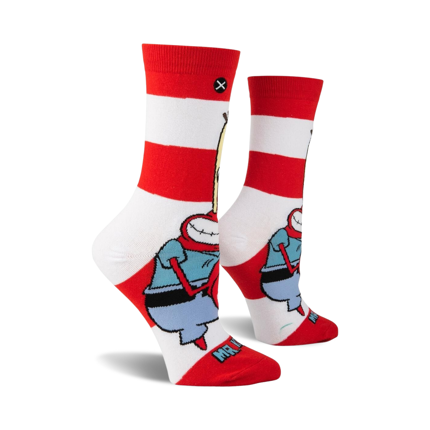 Lifestyle shot of the Spongebob Squarepants Mr. Krabs socks on a model's feet.