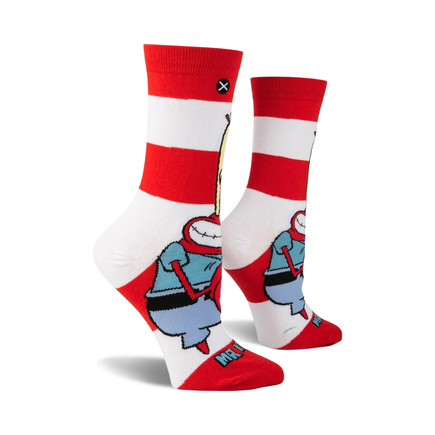 Lifestyle shot of the Spongebob Squarepants Mr. Krabs socks on a model's feet.