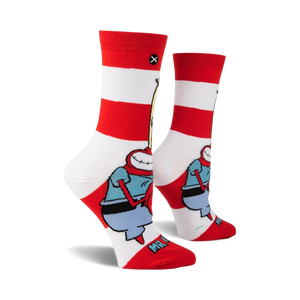 A pair of red and white striped socks with a cartoon character from Spongebob Squarepants on them. The character is red and has a white collar, blue pants, and a red tie.