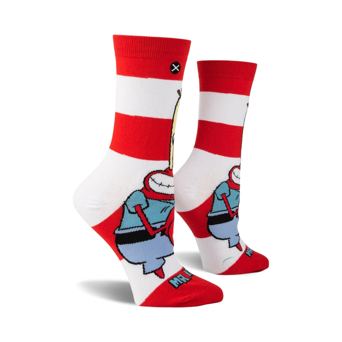 A pair of red and white striped socks with a cartoon character from Spongebob Squarepants on them. The character is red and has a white collar, blue pants, and a red tie.