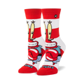 Pair of crew socks in red and white stripes. Mr. Krabs from Spongebob Squarepants is featured on the socks.