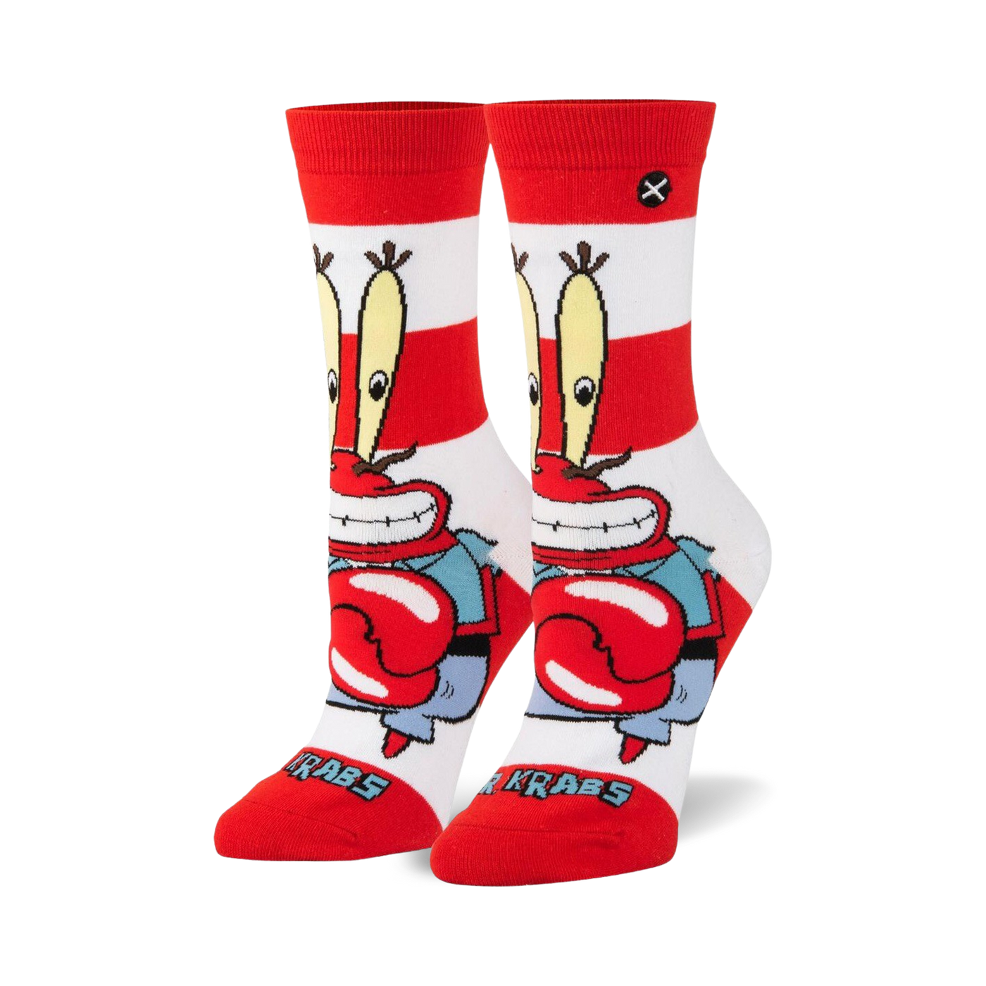 Pair of crew socks in red and white stripes. Mr. Krabs from Spongebob Squarepants is featured on the socks.
