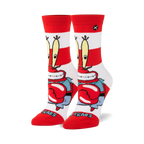 Pair of crew socks in red and white stripes. Mr. Krabs from Spongebob Squarepants is featured on the socks.