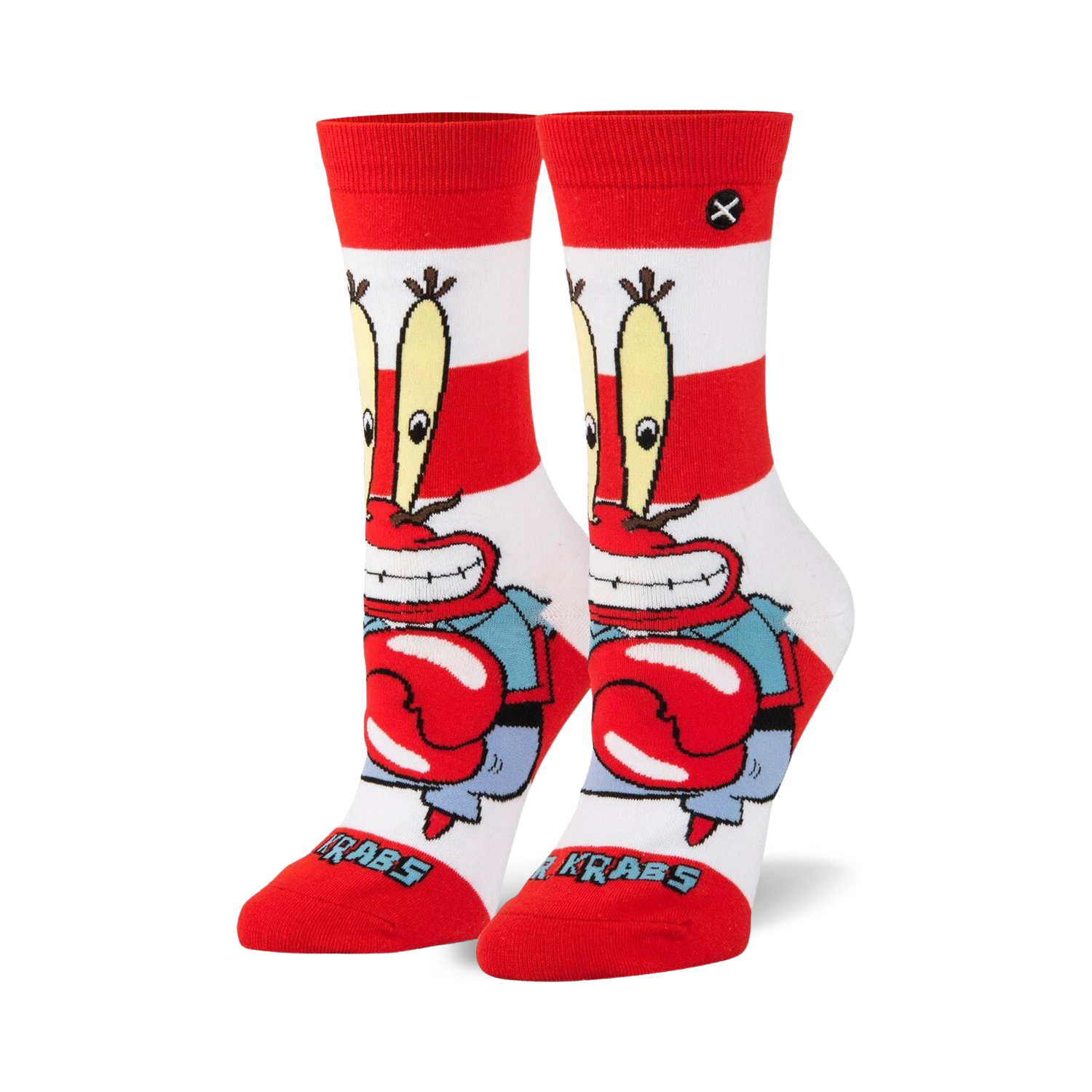 Pair of crew socks in red and white stripes. Mr. Krabs from Spongebob Squarepants is featured on the socks.
