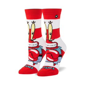 white and red spongebob squarepants mr. krabs crew socks for women featuring the iconic character.  