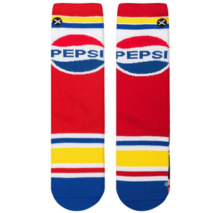 Flatlay showcasing a pair of Pepsi Retro crew socks.  The red, white, blue and yellow color scheme is prominently displayed.