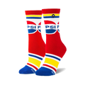 Pair of red crew socks with a retro Pepsi logo, white, blue and yellow stripes at the top and bottom.