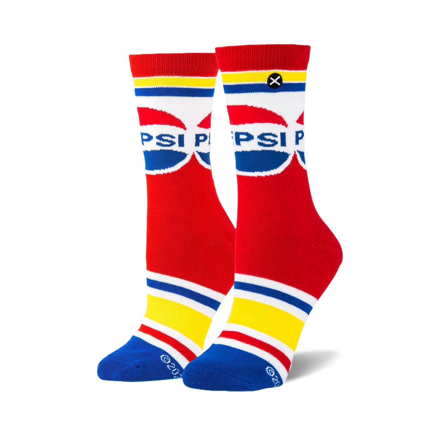 Pair of red crew socks with a retro Pepsi logo, white, blue and yellow stripes at the top and bottom.