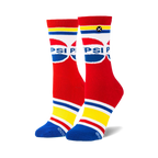 Pair of red crew socks with a retro Pepsi logo, white, blue and yellow stripes at the top and bottom.