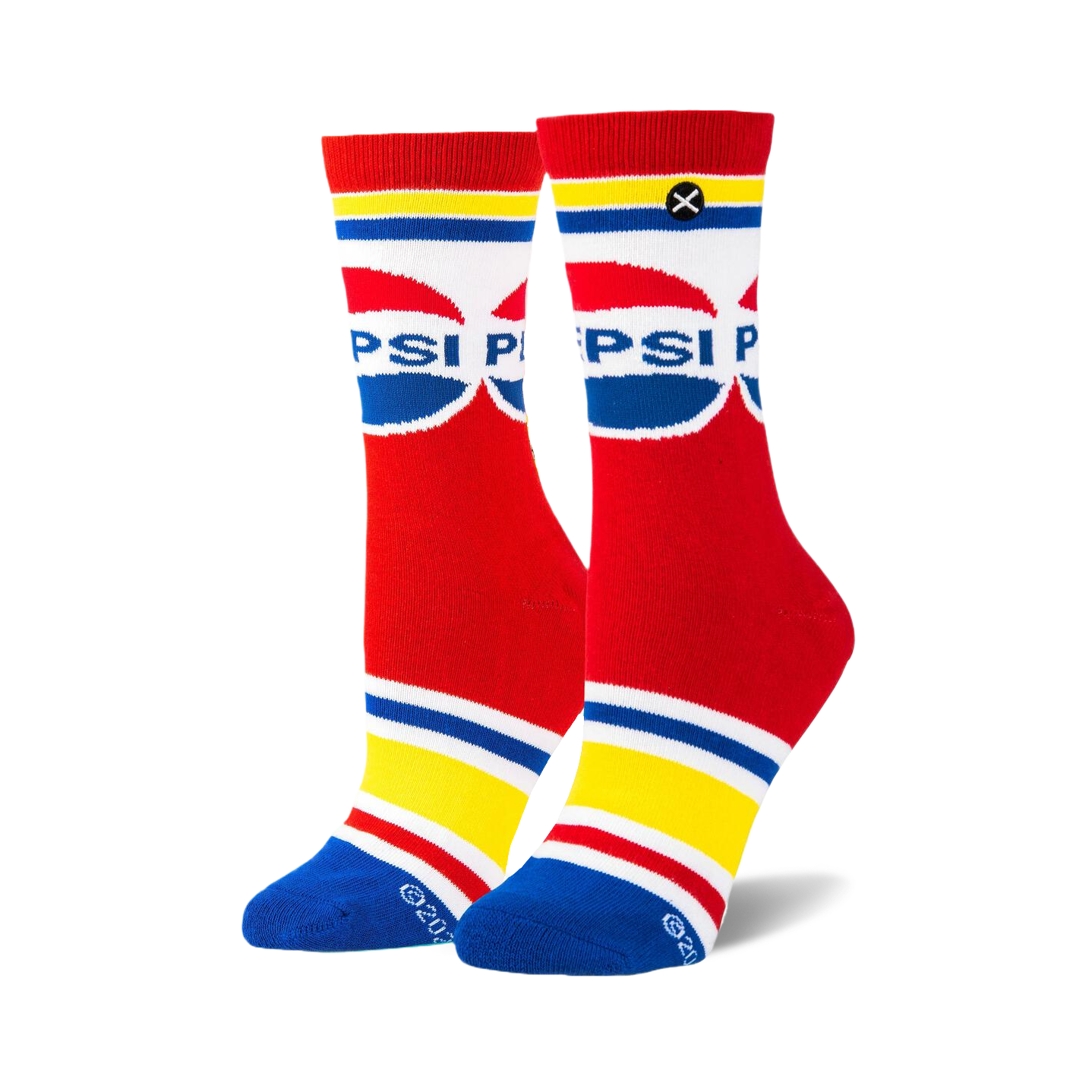 Pair of red crew socks with a retro Pepsi logo, white, blue and yellow stripes at the top and bottom.