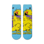 Flat lay showcasing a pair of Rugrats Reptar crew socks. The socks feature a light blue background with a yellow Reptar design.
