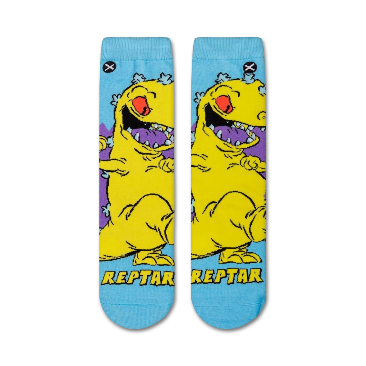 Flat lay showcasing a pair of Rugrats Reptar crew socks. The socks feature a light blue background with a yellow Reptar design.