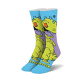 Pair of crew socks featuring Reptar from Rugrats.  Yellow dinosaur design on a light blue background with purple accents.