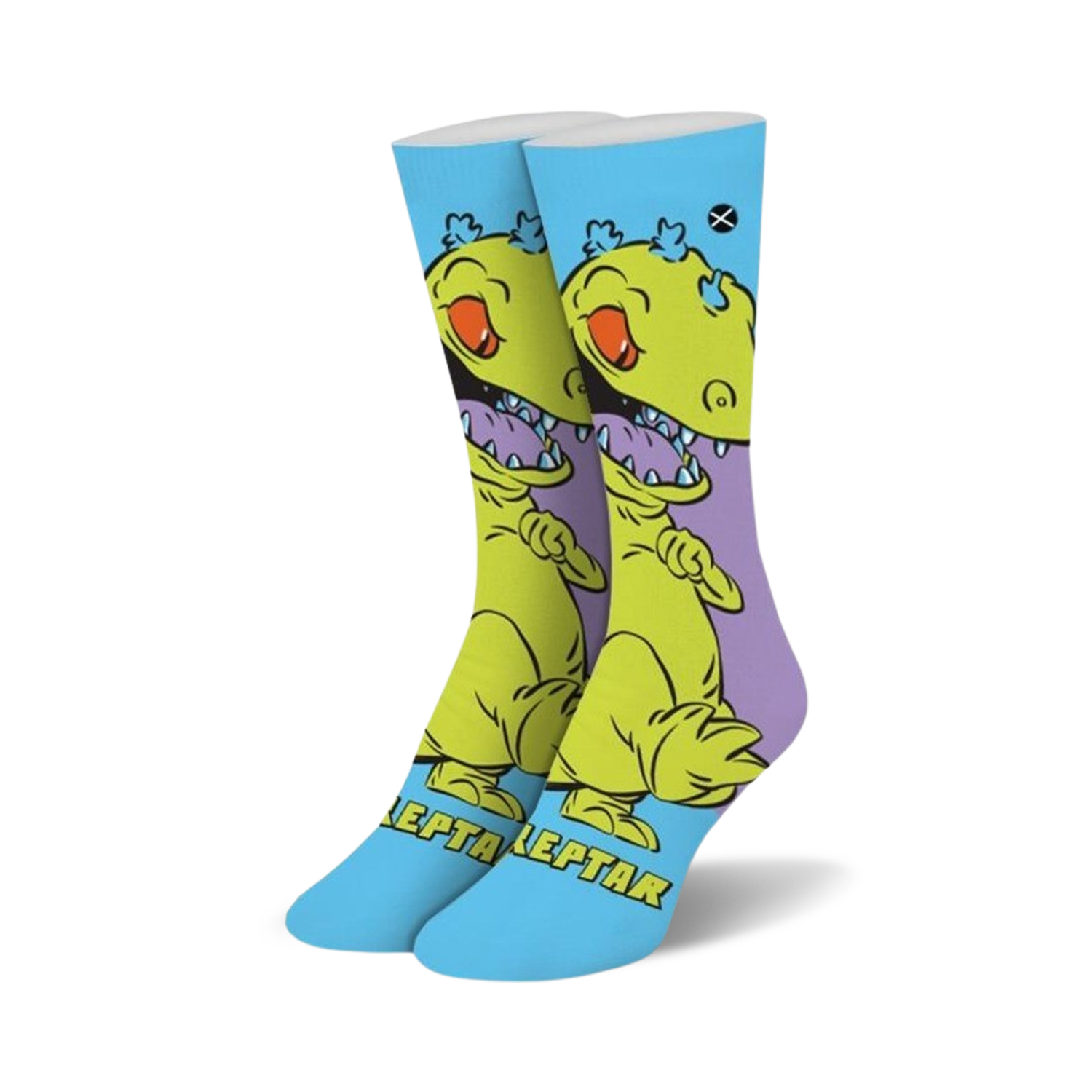 Pair of crew socks featuring Reptar from Rugrats.  Yellow dinosaur design on a light blue background with purple accents.