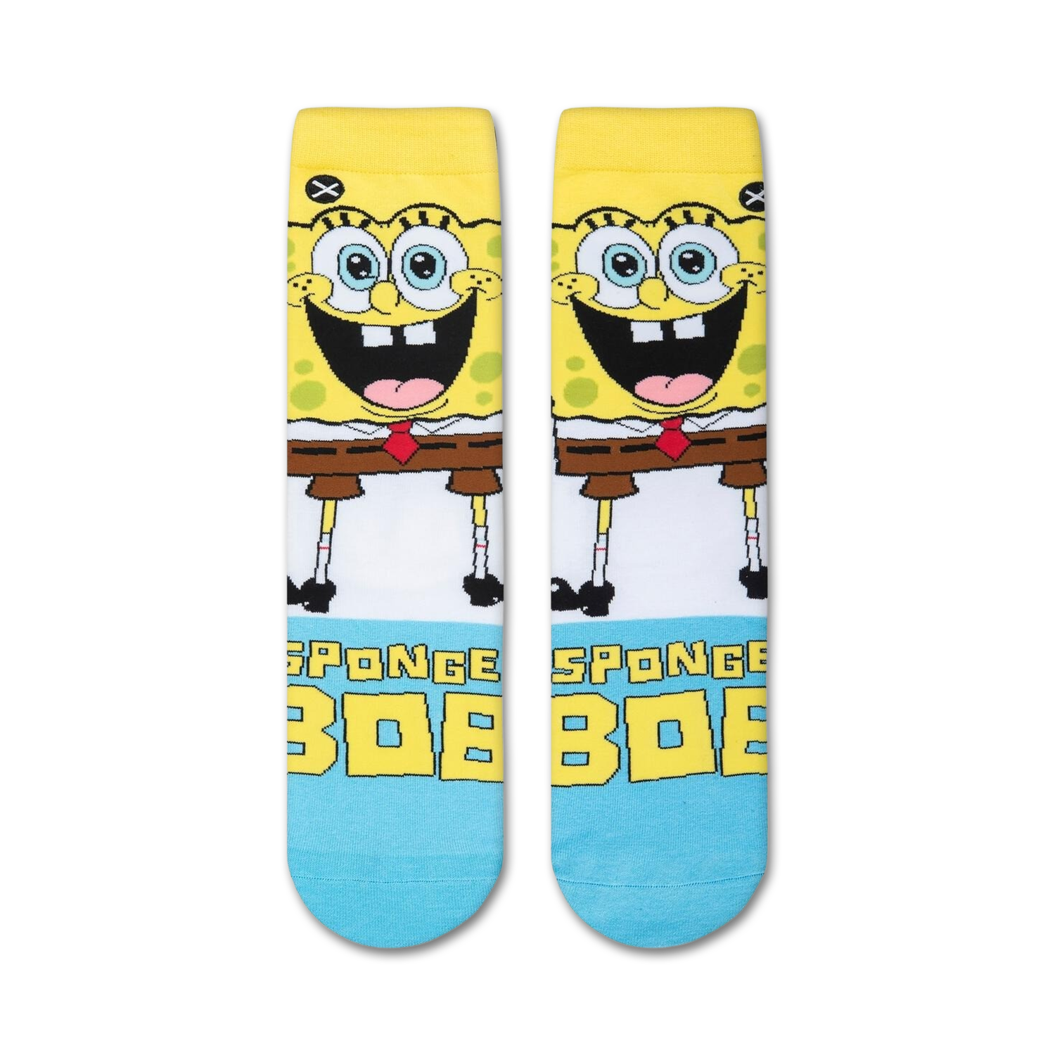 Flatlay image showing two Spongebob Squarepants Smilepants socks.