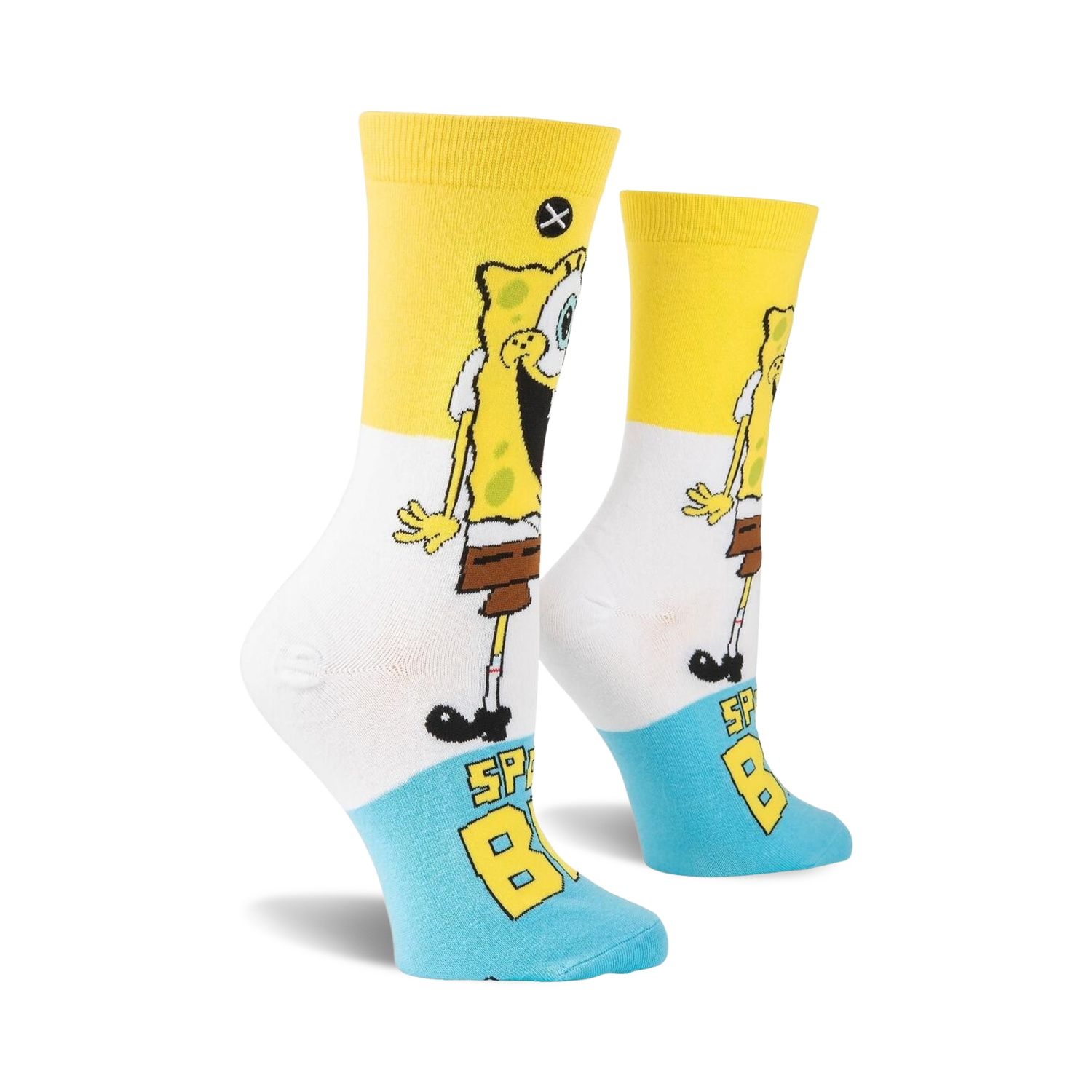 Lifestyle shot of Spongebob Squarepants Smilepants socks on a model's feet.