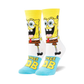 Pair of crew socks. Yellow, white, and light blue. Features a full-body image of Spongebob Squarepants and his name.