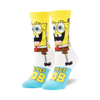 Pair of crew socks. Yellow, white, and light blue. Features a full-body image of Spongebob Squarepants and his name.