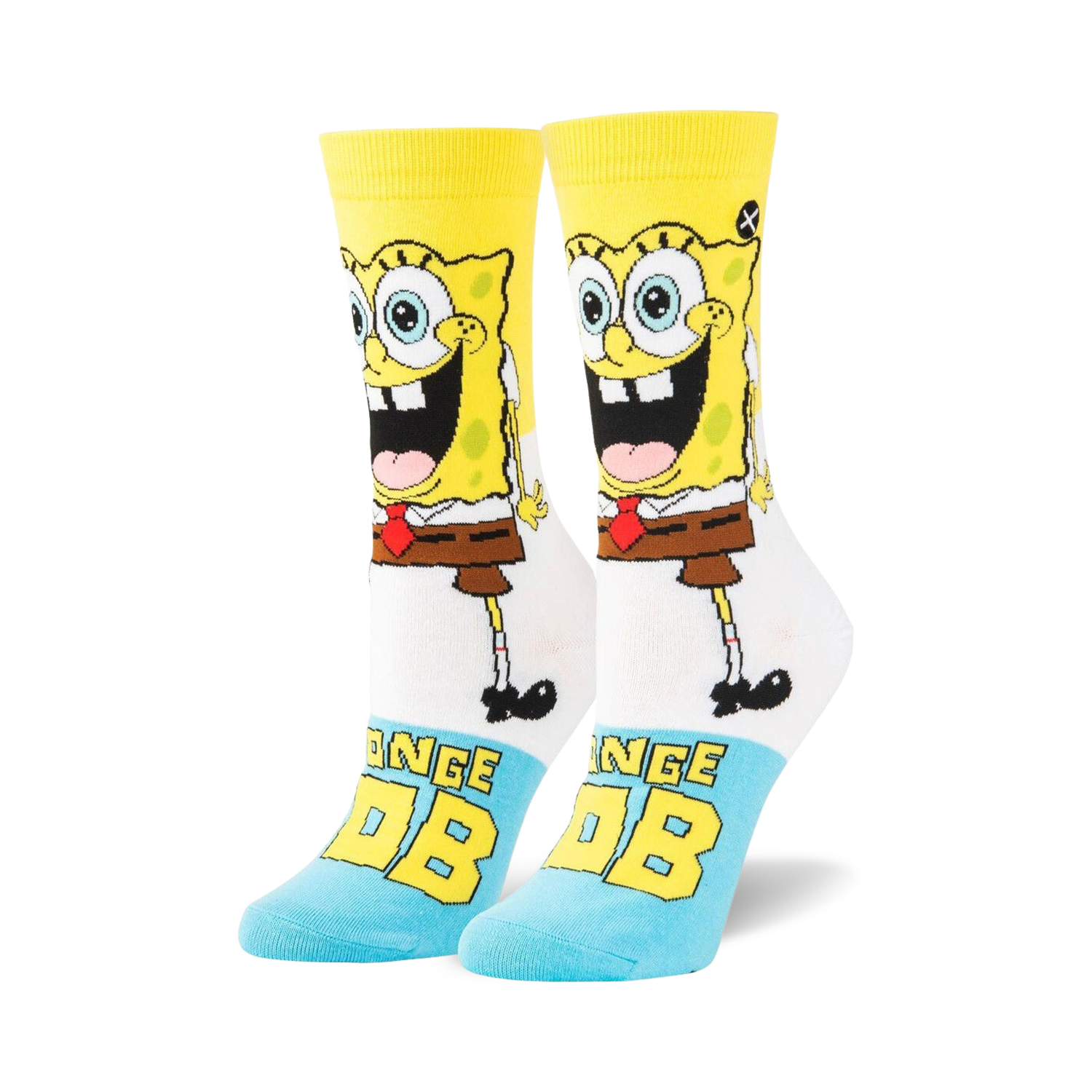 Pair of crew socks. Yellow, white, and light blue. Features a full-body image of Spongebob Squarepants and his name.