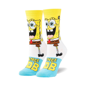 white and yellow spongebob squarepants socks with iconic character and word 