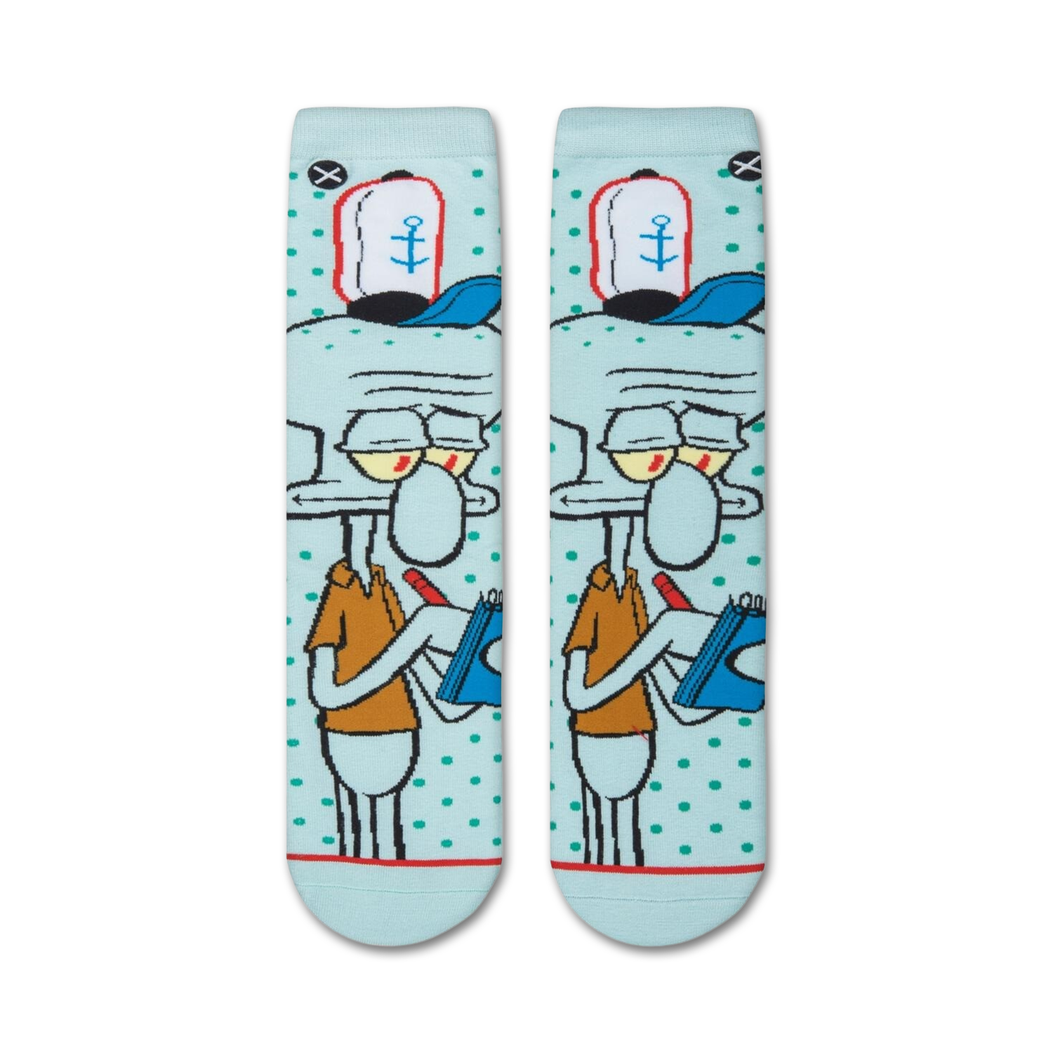 Pair of Squidward Spongebob crew socks laid flat, showcasing the full design.