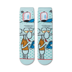 A close up of a pair of socks with a light blue background and a cartoon character, Squidward Tentacles from Spongebob Squarepants, with his eyes rolled up and to the side in exasperation.