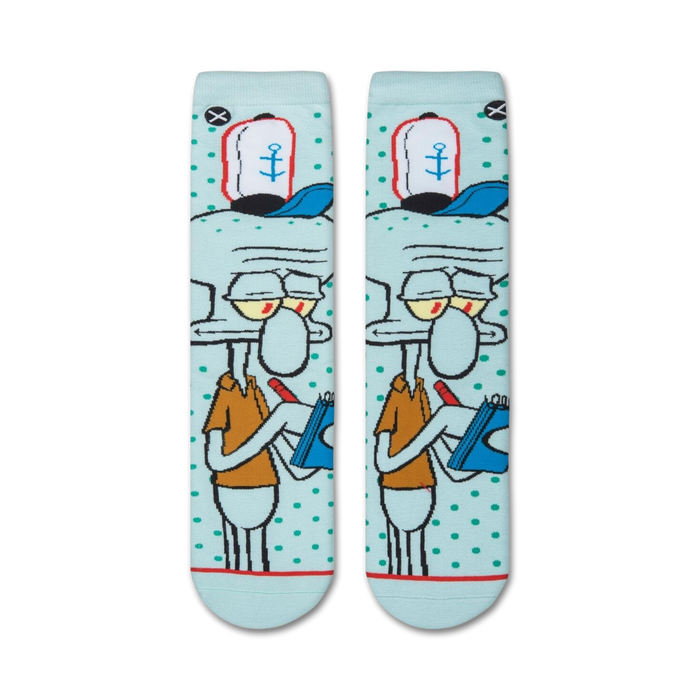 A close up of a pair of socks with a light blue background and a cartoon character, Squidward Tentacles from Spongebob Squarepants, with his eyes rolled up and to the side in exasperation.