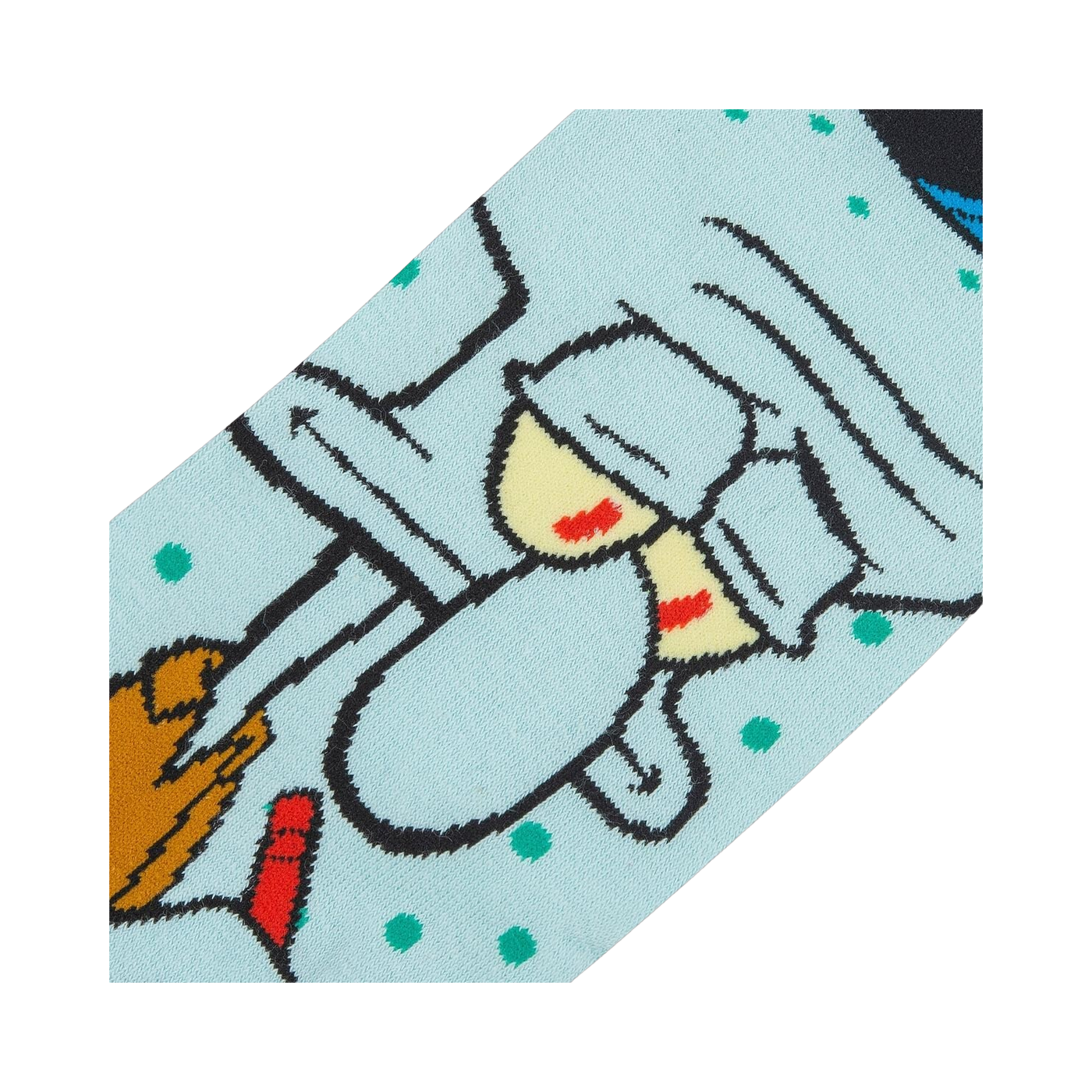 Close-up detail shot of Squidward's face on the Spongebob Squarepants themed crew sock.