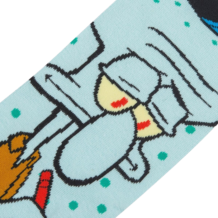 A close up of a pair of socks with a light blue background and a cartoon character, Squidward Tentacles from Spongebob Squarepants, with his eyes rolled up and to the side in exasperation.