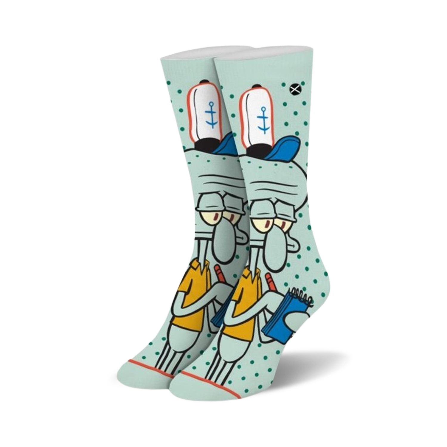 Crew socks in teal featuring Squidward Tentacles from Spongebob Squarepants. He's depicted holding a notebook, wearing his signature hat, on a teal background with white polka dots.