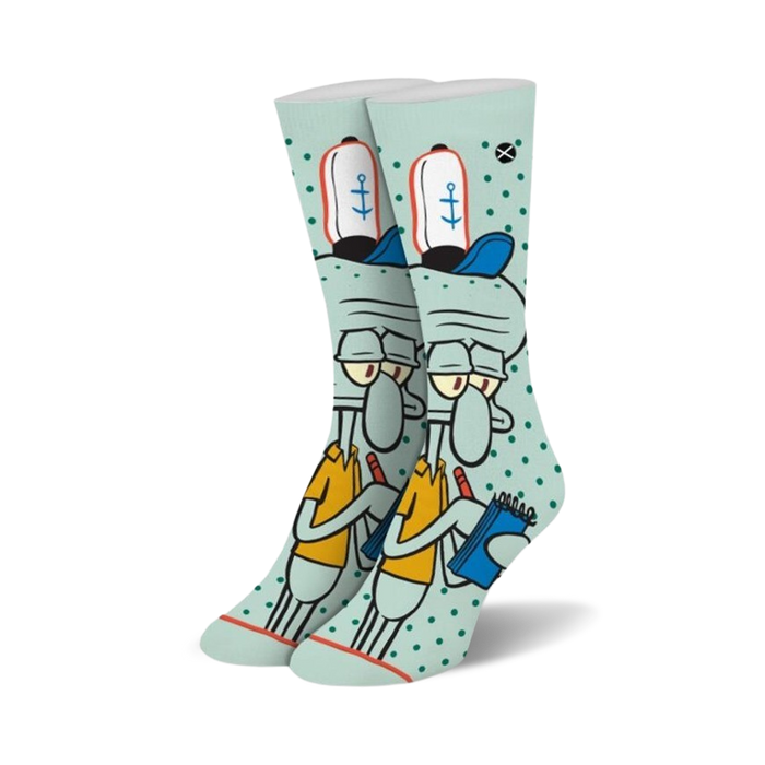 squidward tentacles crew socks for women feature a light green background with a pattern of squidward tentacles from spongebob squarepants.  