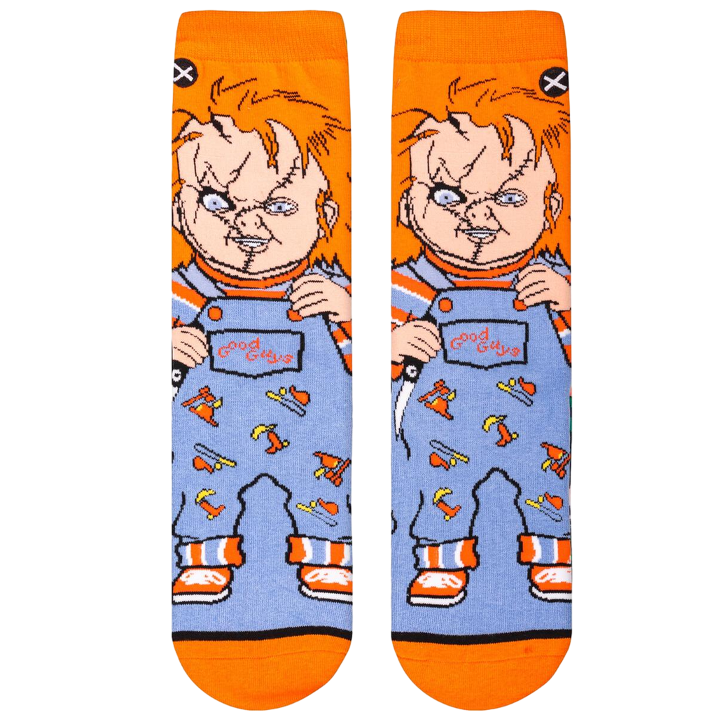Flatlay showcasing the Chucky 'Good Guys' socks, highlighting the full design.