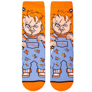 Flatlay showcasing the Chucky 'Good Guys' socks, highlighting the full design.