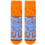 Close-up of the Chucky 'Good Guys' sock's back, showing the orange cuff and repeating pattern.