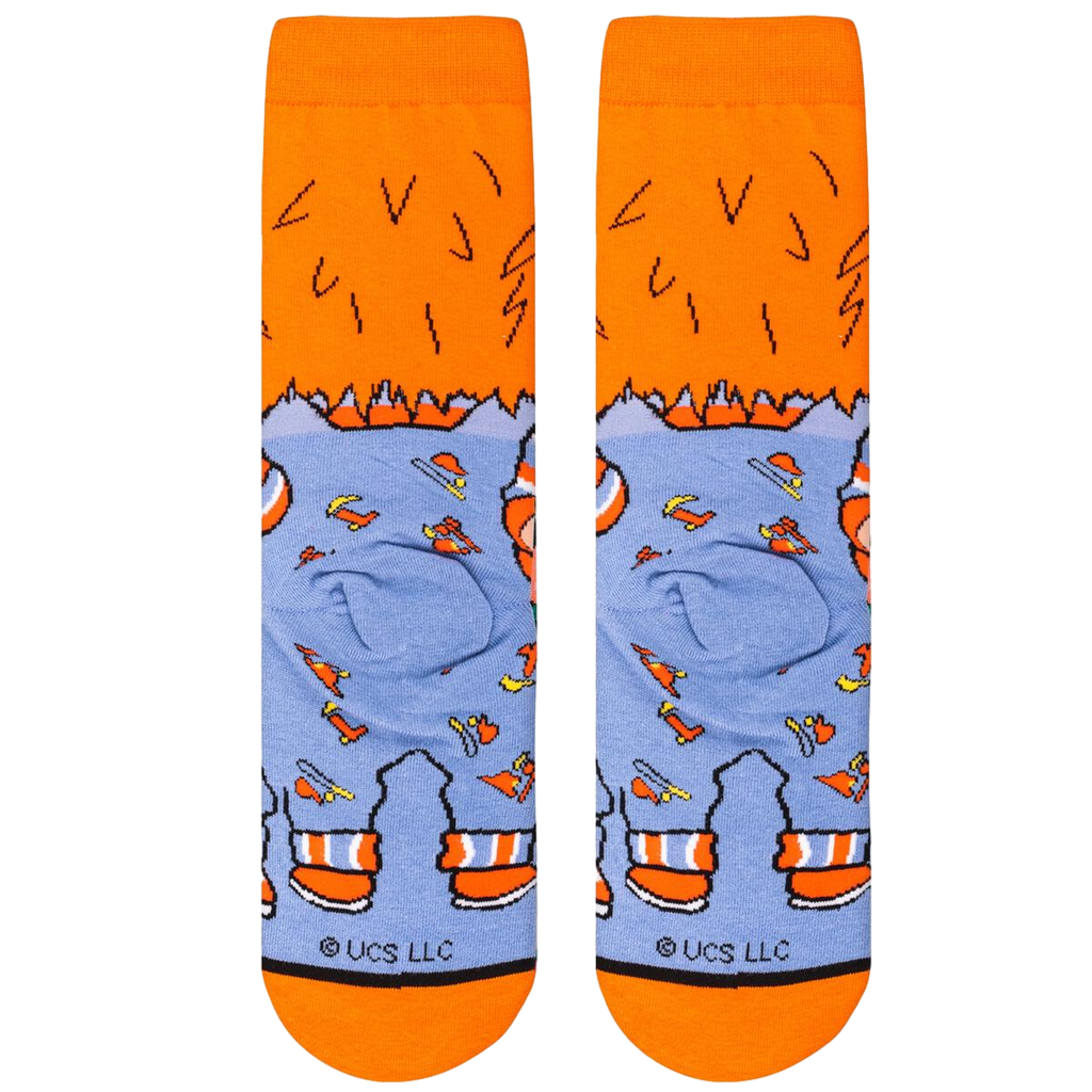 Close-up of the Chucky 'Good Guys' sock's back, showing the orange cuff and repeating pattern.