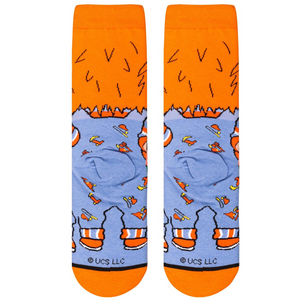 Close-up of the Chucky 'Good Guys' sock's back, showing the orange cuff and repeating pattern.