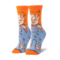 Pair of Chucky 'Good Guys' crew socks. Orange cuffs, blue body with Chucky image and knife pattern.