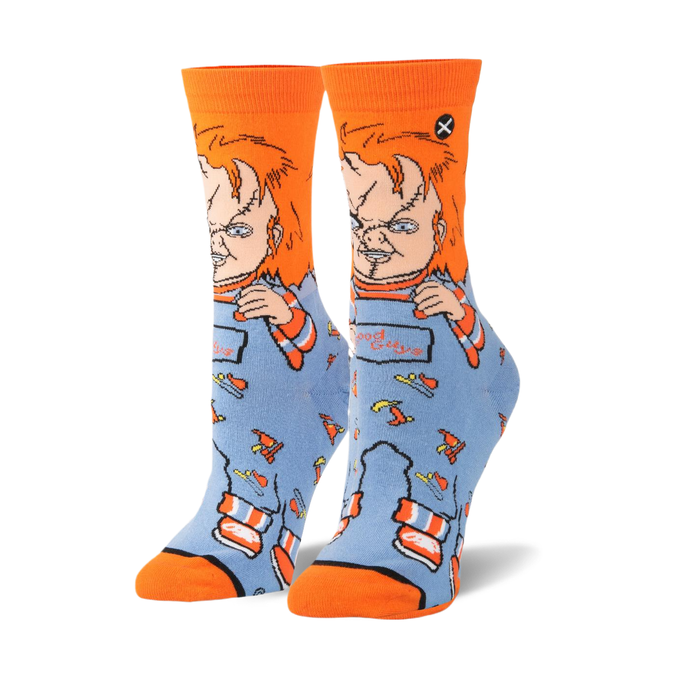 Pair of Chucky 'Good Guys' crew socks. Orange cuffs, blue body with Chucky image and knife pattern.