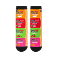 Flat lay of two socks displaying a vertical stack of four Top Ramen flavor packages next to an orange and white border.