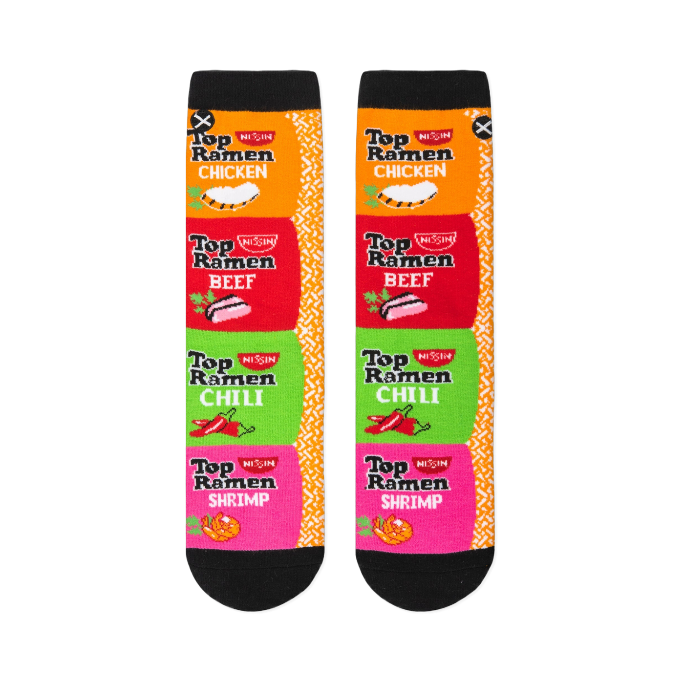 Flat lay of two socks displaying a vertical stack of four Top Ramen flavor packages next to an orange and white border.