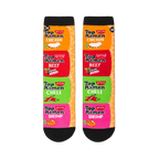 Flat lay of two socks displaying a vertical stack of four Top Ramen flavor packages next to an orange and white border.