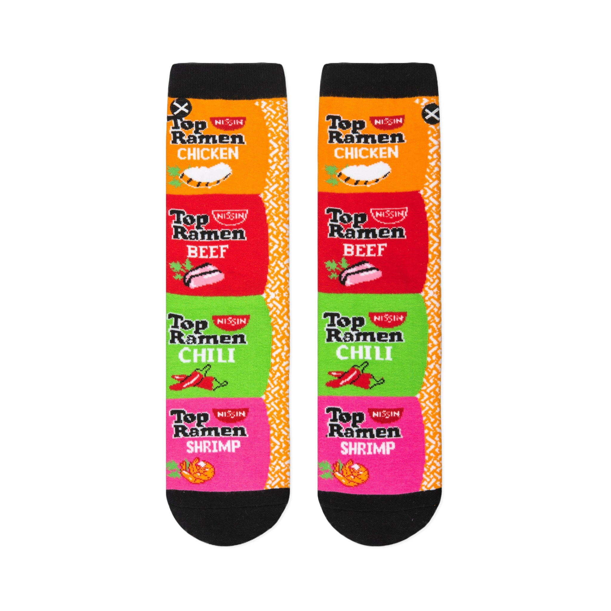 Flat lay of two socks displaying a vertical stack of four Top Ramen flavor packages next to an orange and white border.