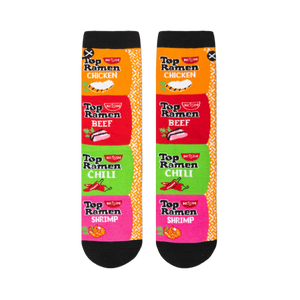 Flat lay of two socks displaying a vertical stack of four Top Ramen flavor packages next to an orange and white border.