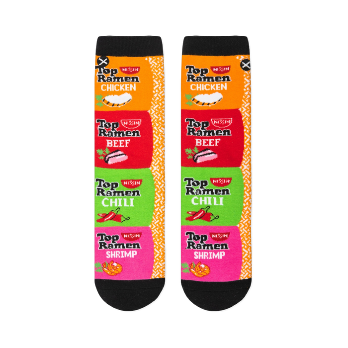 Flat lay of two socks displaying a vertical stack of four Top Ramen flavor packages next to an orange and white border.