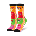 Black-cuffed crew socks showing stacked Chicken, Beef, Chili, and Shrimp Top Ramen packages next to a dry noodle pattern.